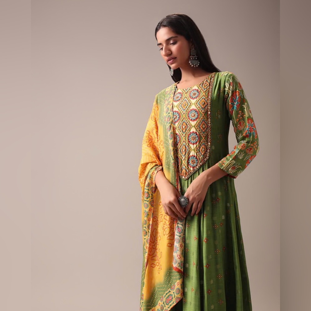 Kalki Green Indie Print Anarkali Suit Set in Art Silk